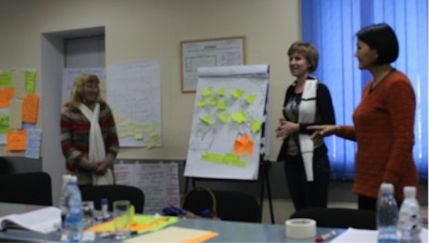 Sulaimanova (right) conducts a training of teachers for inclusive education